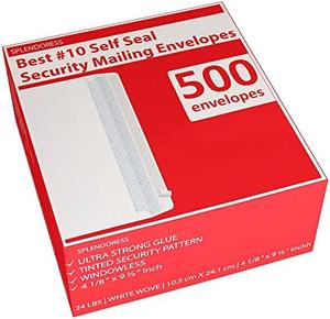 #10 Envelopes Letter Size Self Seal, Business White Security Tinted Peel and Seal, 500 Pack Windowless, Legal Size Regular Plain Envelopes 4-1/8 x 9-1/2 Inches - 24 LB Envelops